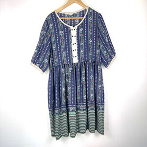 Buyduk Blue Green Mixed Print Floral Striped Cotton Lagenlook Midi Dress Large